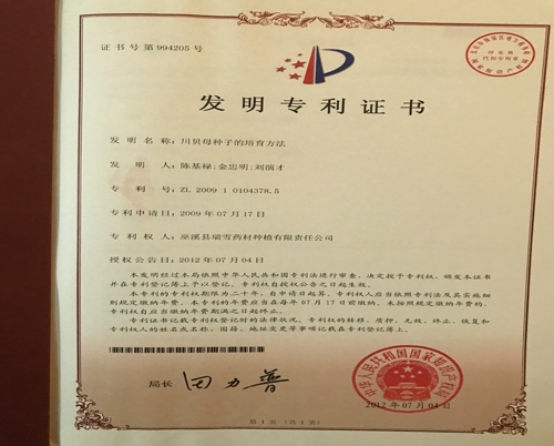 发明zhuanli证书（川贝母种子的培育方法）